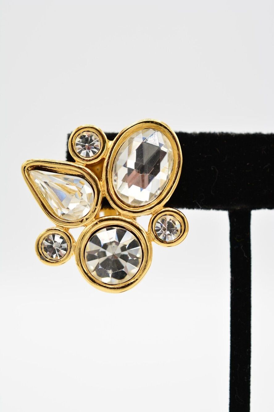 Givenchy Vintage Rhinestone Crystal Clip On Earrings Chunky Signed 1980s BinAI